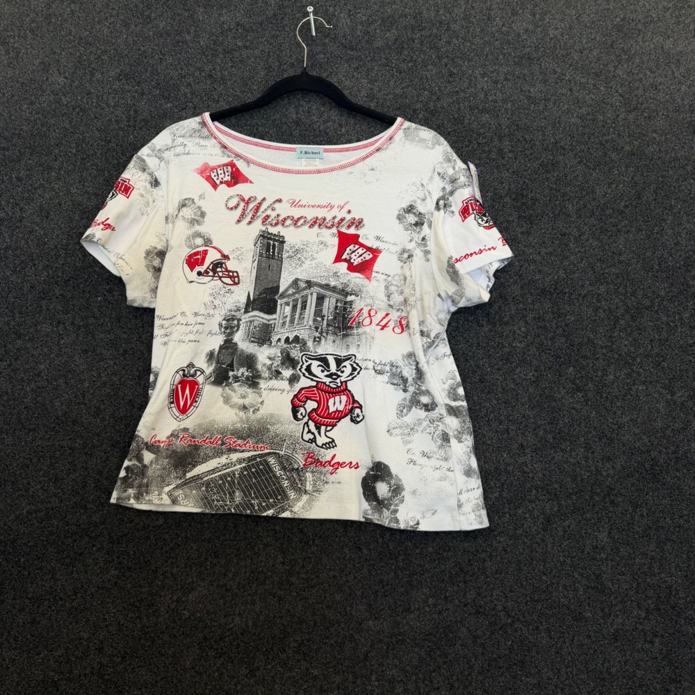 Vintage 90s Wisconsin Badgers Rhinestone Baby Tee P. Michael XL White Red USA